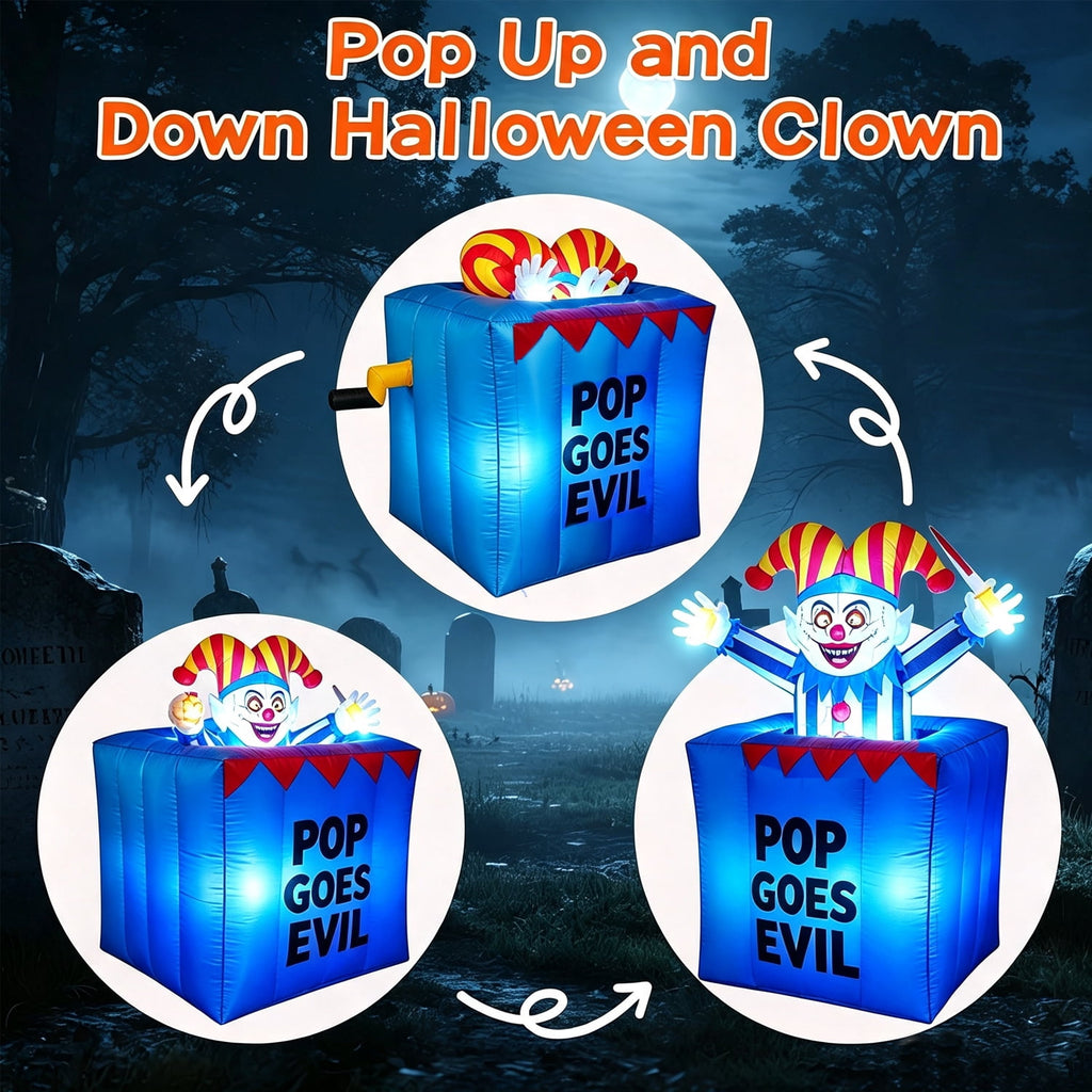COCOBELA 6.6 FT Pop Up and Down Halloween Clown Inflatable,Carnival Clown in Box Inflatable with Built-in LED Lights, Blow Up Yard Decor for Circus Party Outdoor Lawn Garden