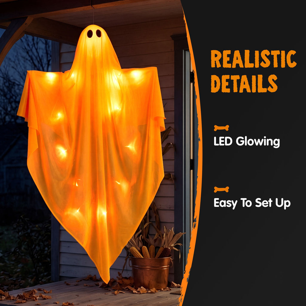 Joyfy 47inch Halloween Decorations Outdoor Hanging Ghost,Light up White Ghosts with Spooky Warm White LED Light,Halloween Outdoor Yard Porch Decorations,Haunted House Decorations