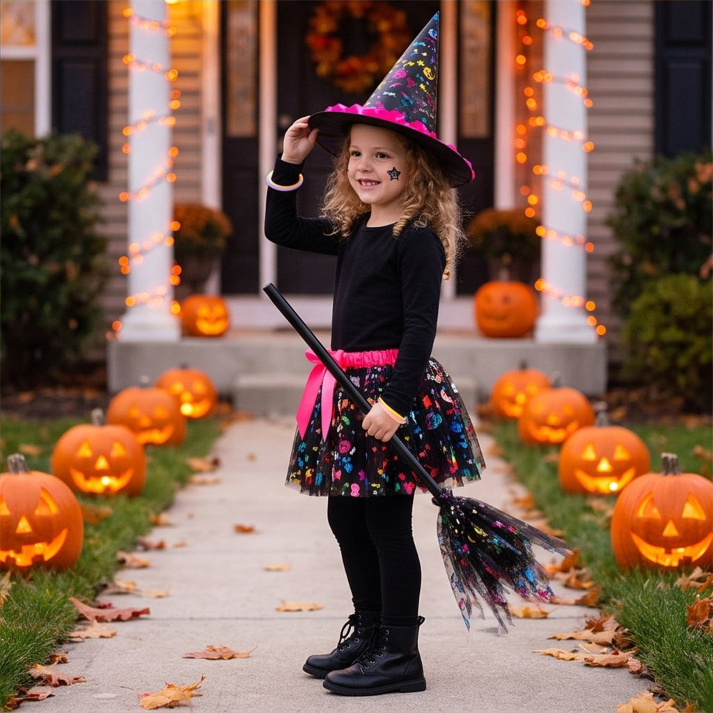 choiix Witch Tutu Skirt and Hat Set with Broomstick Halloween Costume Outfit with Printed Tulle Skirt and Witch Hat Cosplay Outfit for Party 100
