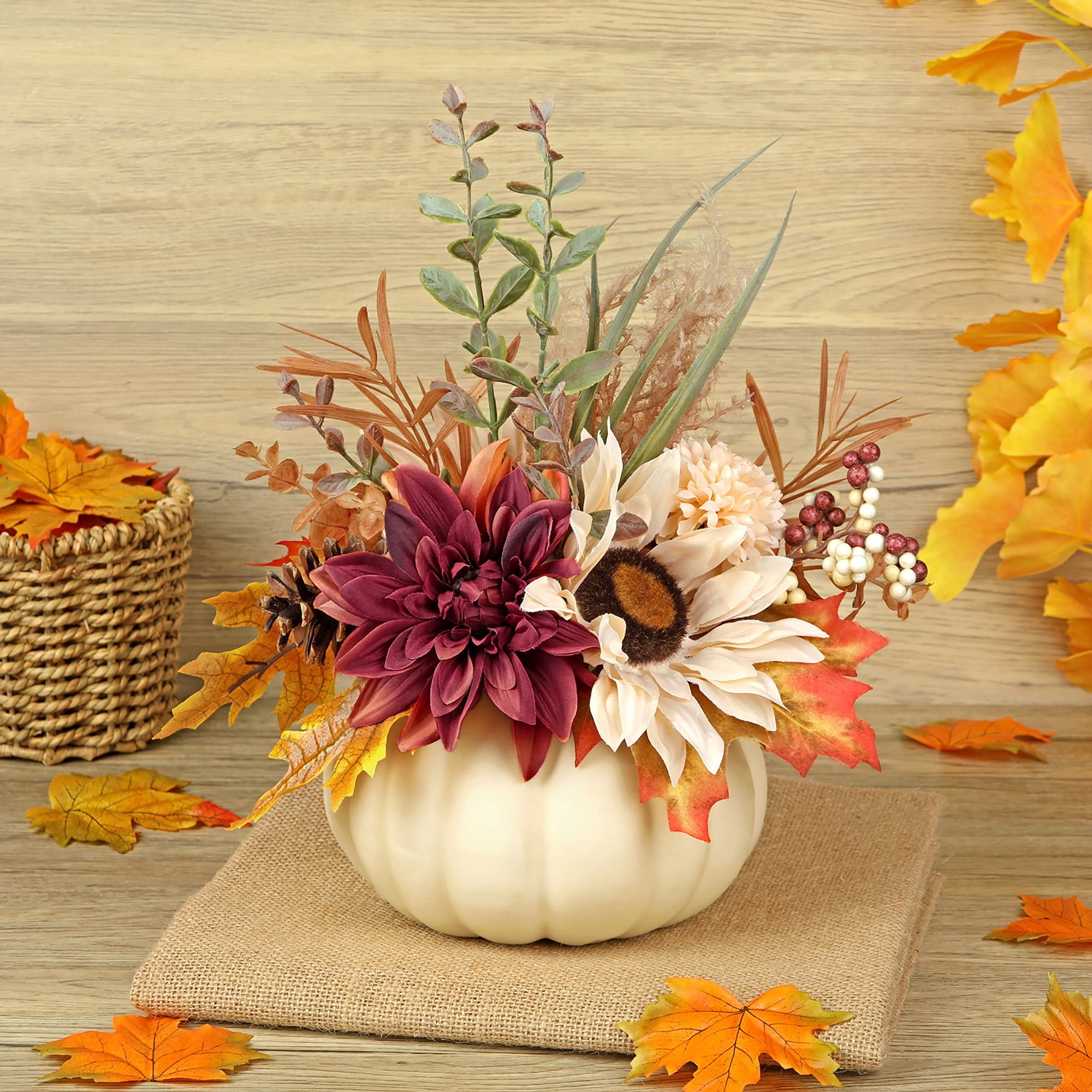 Briful 12.9"Artificial Pumpkin Floral Arrangement with Orange Sunflowers Leaves Fall Table Centerpiece for Harvest Autumn Décor