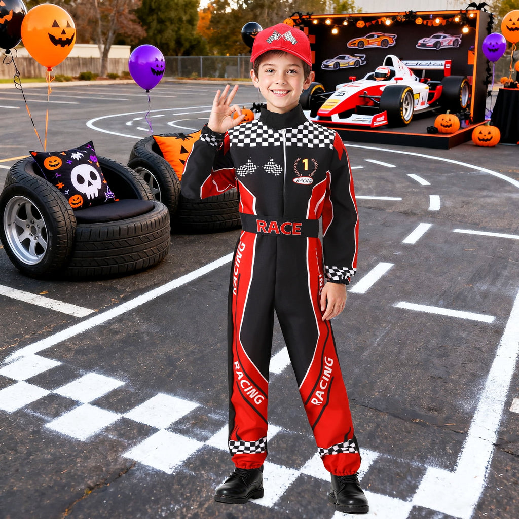 Race Car Driver Costume Boys Kids Racer Jumpsuit Outfits with Car Cap for Halloween Dress Up
