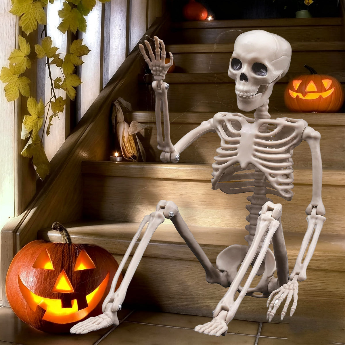 2PCS Halloween Skeleton Decoration Posable Skeletons Realistic Joint Design ,Indoor Outdoor Haunted House Props,16inches/40cm