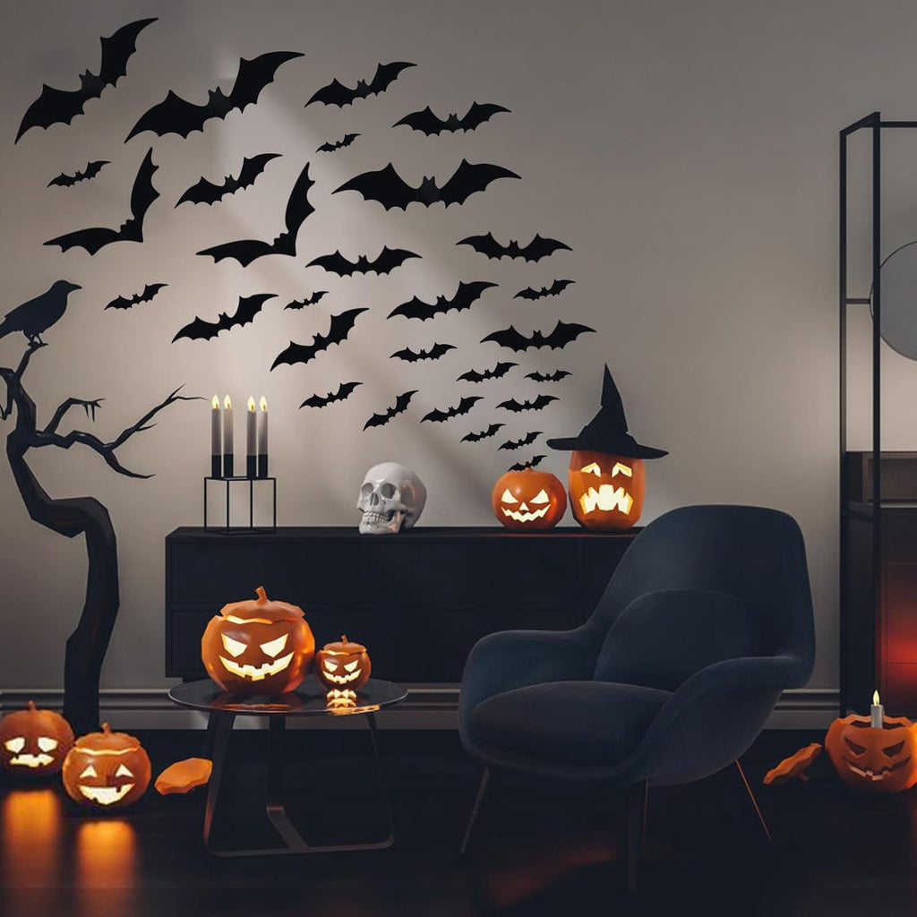 Ayieyill 126pcs Halloween Bat Stickers for Halloween Wall Decor and Window Clings, 3D Spider and Bat Decals for Indoor Halloween Decor