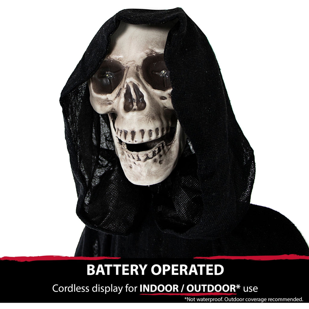 Haunted Hill Farm 5 ft Life-Size Animated Grim Reaper Prop w/ Chain and Rotating Head for Indoor or Outdoor Halloween Decoration, Battery-Operated