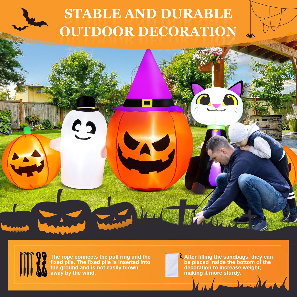 Yexmas 8ft Halloween Inflatable Pumpkins Outdoor Decor with Black Cat and Spectre,Built-in LED Lights,for Halloween Party,Yard,Garden,Lawn