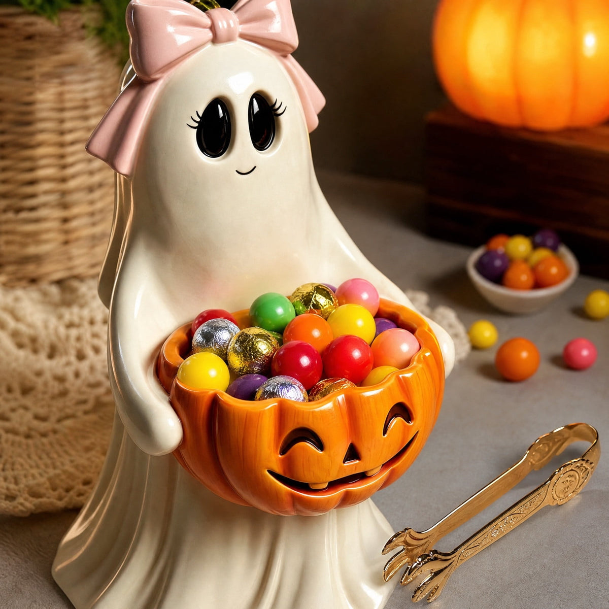 Clearance Halloween Ghost Resin Figurine with Black Cat & Pumpkin Candy Bowl 10“- Cute Spooky Tabletop Decor for Home Mantel, Shelf, and Indoor Fall Display