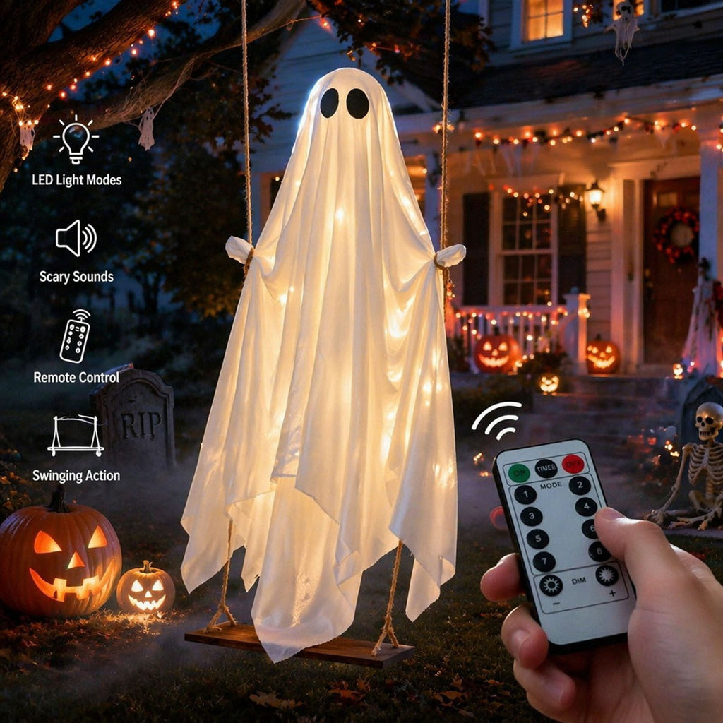 Cloth Hanging Swing Ghost Halloween Outdoor Decor,Remote Controlled LED Lighted Floating Ghost Ornament With 8 Lighting Modes For Porch Tree Yard Seasonal Holiday Display,Total Length 120.4 in.A