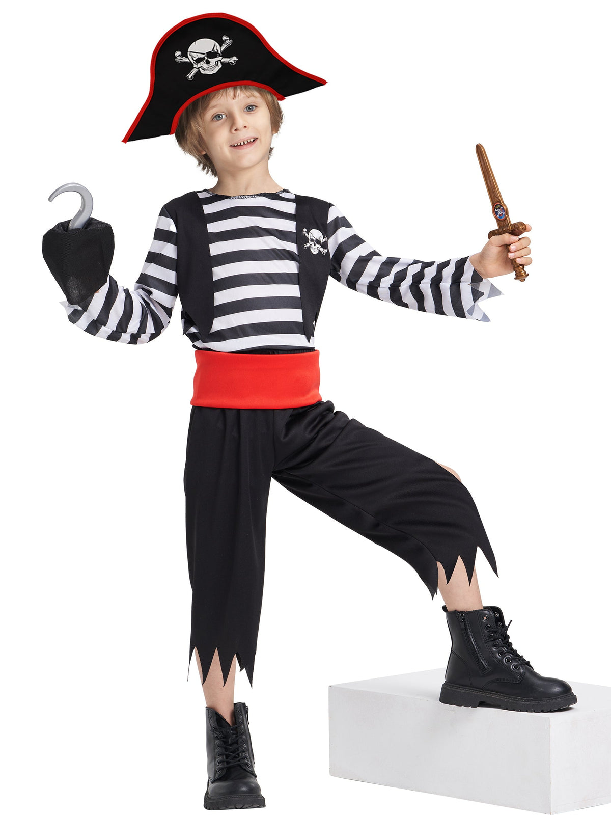 Boys Pirate Costume, Sea Buccaneer Top Shorts Belt Accessories Set for Kids Halloween 4-6 Years
