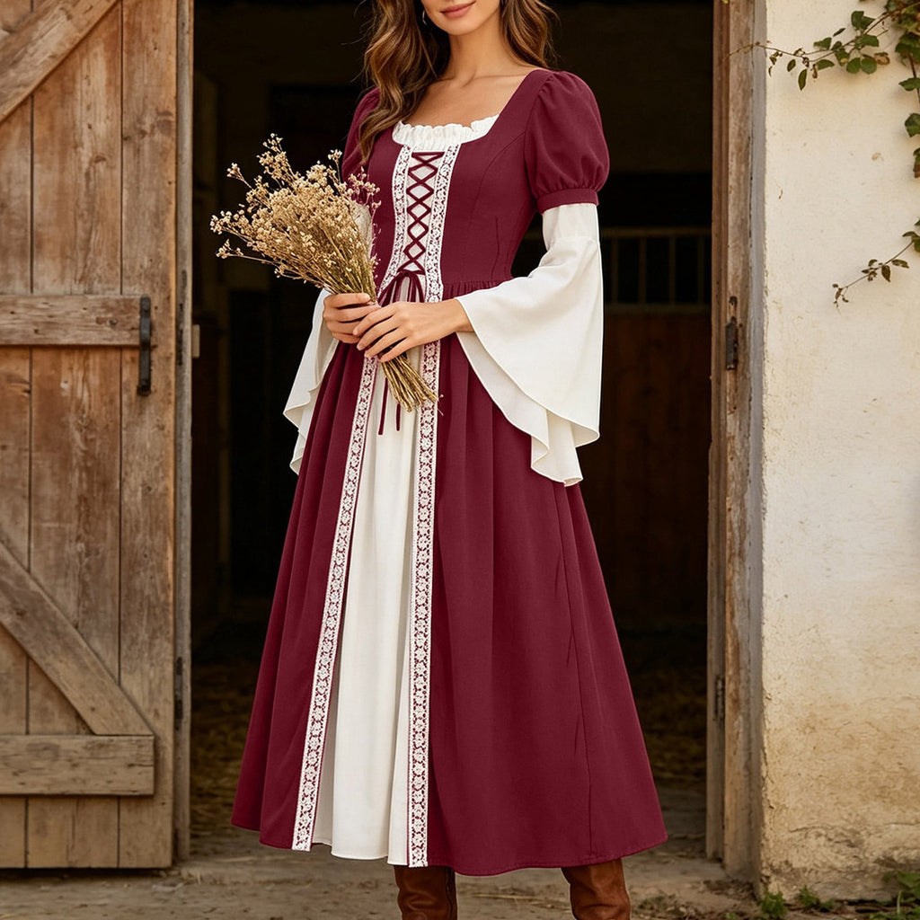 Hurxie Renaissance Costume Women Peasant Medieval Dress Maxi Fairy Dresses with Bell Sleeve Vintage Ren Faire Outfit
