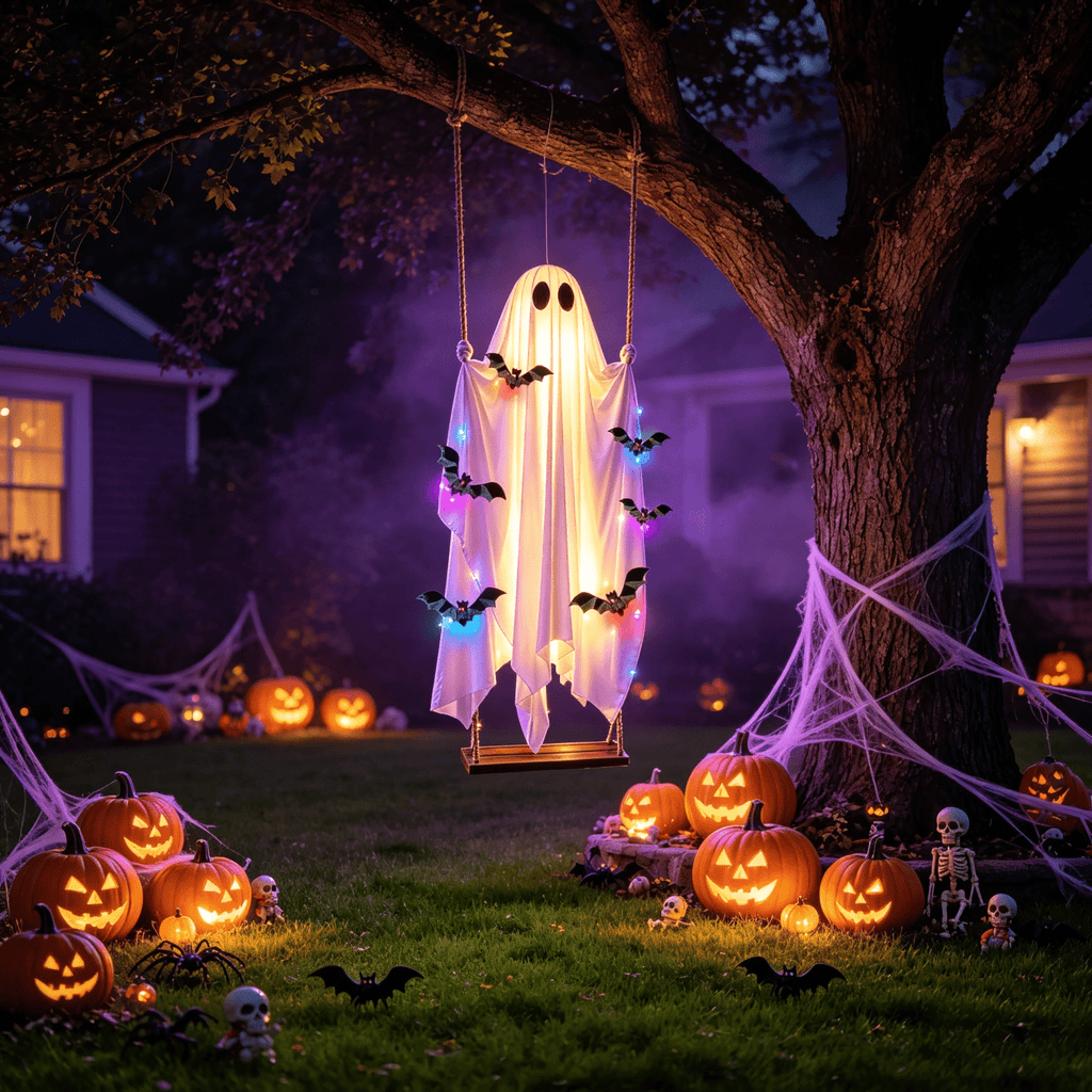 Halloween Decorations Outdoor - 5 FT Large Hanging Swing Ghost Halloween Decor with String Lights, Spooky Cute Ghosts Decorations for Front Porch Yard Tree