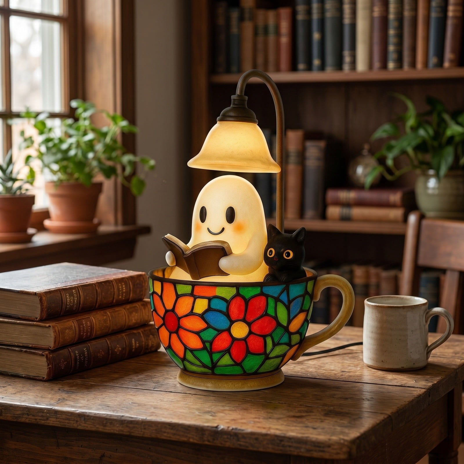 Fwttom Ghost Night Light, Halloween Lights Cute Ghost Reading Book Lamp, Halloween Decorations Indoor Light Up Ghost Statue Ghost Light for House Mantel Bedside
