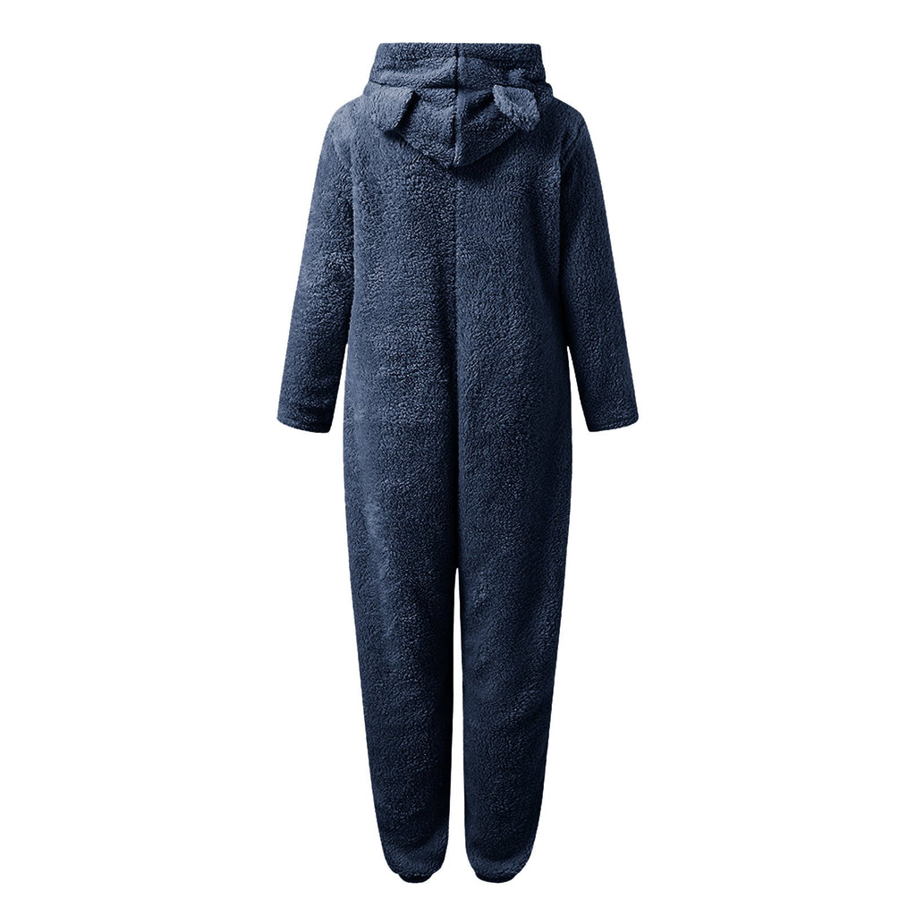 QATAINLAV Sherpa Fleece Jumpsuit for Women Winter Warm Fuzzy Onesie Pajamas Cute Cat Hooded Romper Casual Zip Up Overalls Sleepwear Black XL