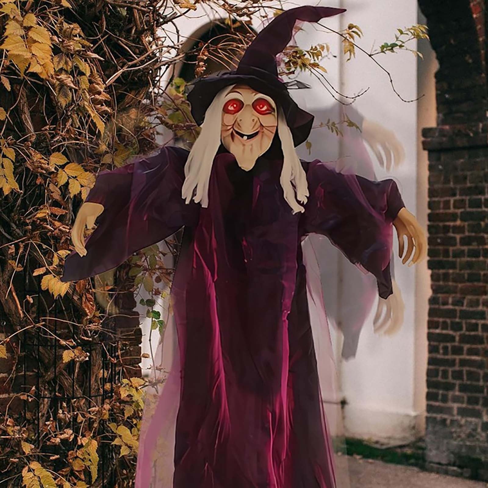 Halloween Animatronics Witch Clearance, Voice Activated Purple Escape Haunt Halloween House Décor & Fright Fest Prop, Life Size Animated Halloween Decoration Outdoor