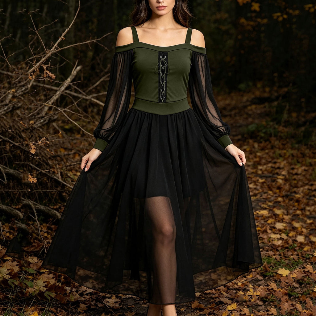 JOANKDMI Women's Gothic Midi Dress Elegant Vampire Costume Cold Shoulder Sheer Long Sleeve Lace-up Corset for Roleplay Halloween Party Outfit Chic, S-3XL