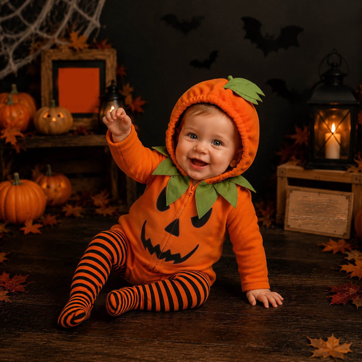 Newborn Infant Cute Jack-O-Lantern Costume Halloween Bodysuit and Striped Leggings Set Fall Holiday Fancy Dress Up Outfit for Boys Girls Party Festival