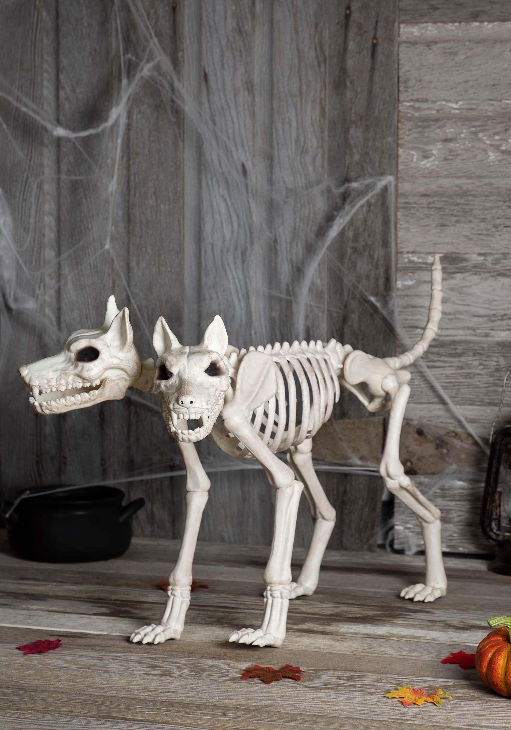 Seasons 3 ft Animated Two-Headed Doberman Dog Skeleton Halloween Decoration - Off-White
