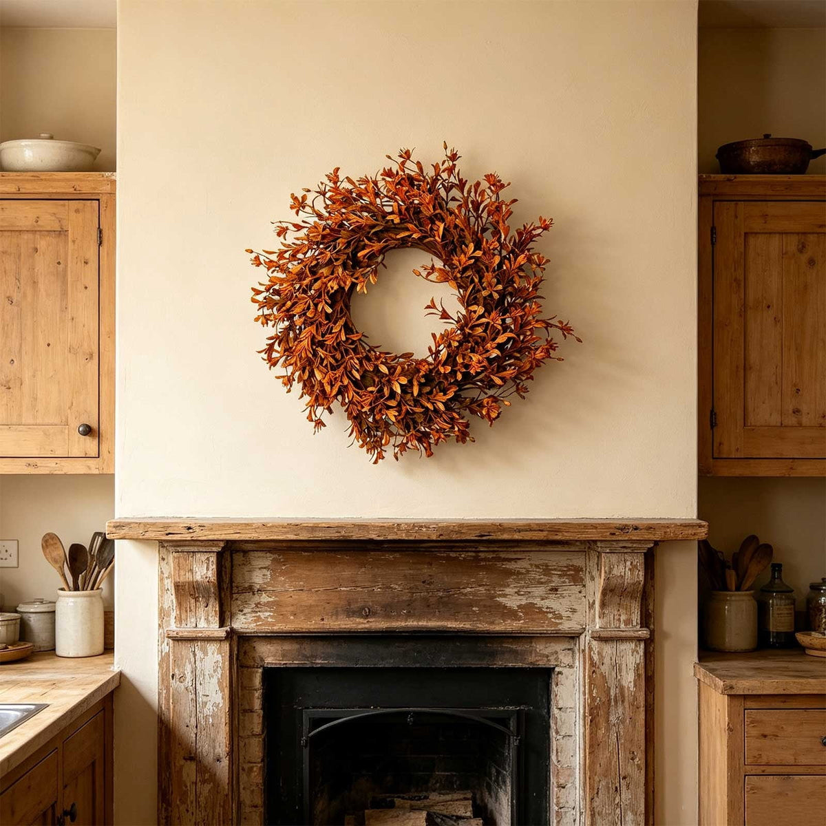 OKKVV Artificial Orange Fall Leaf Front Door Wreath, Rustic Autumn Foliage Twig Wreath, Harvest Thanksgiving Halloween Farm Window Wall Hanging Decor