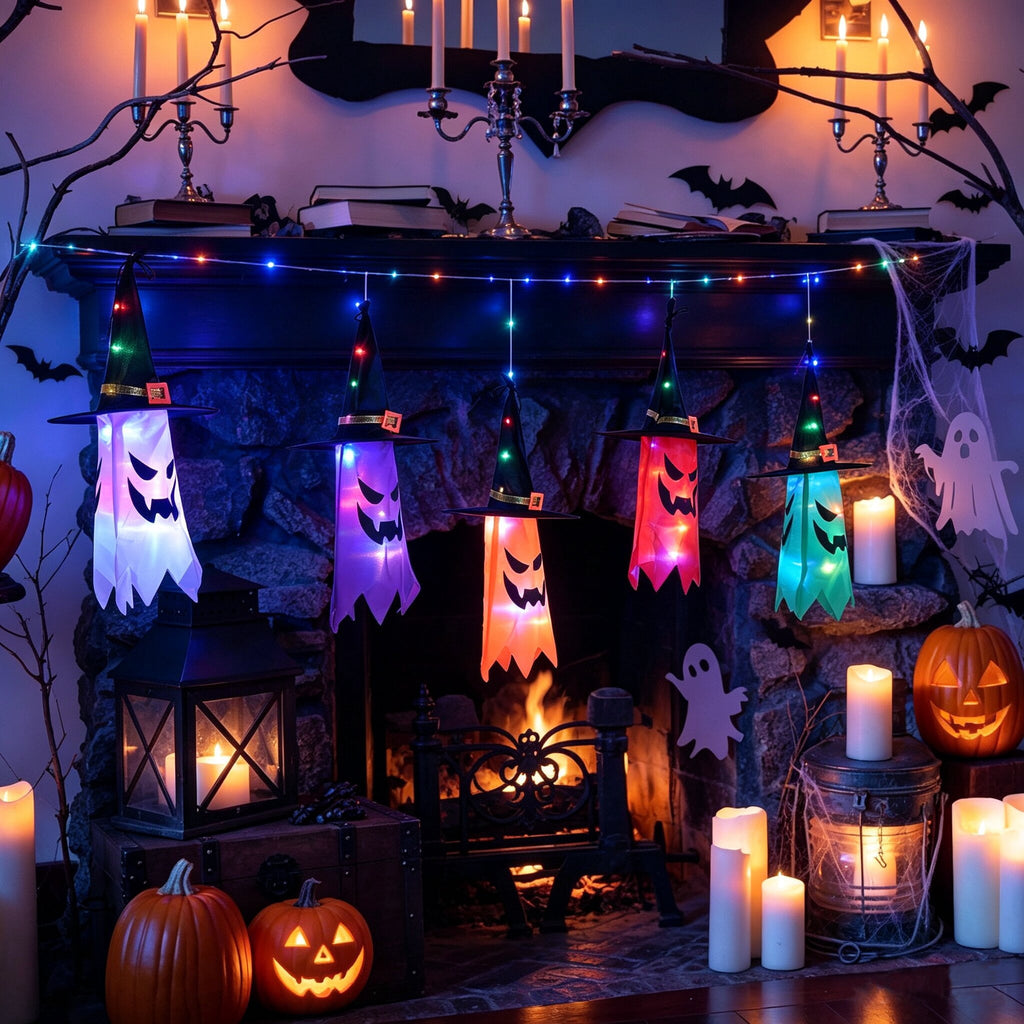 5Pcs Halloween Hanging Witch Hat String Lights, Waterproof LED Halloween Decorations, Battery Operated Colorful Glowing Witch Hat Lights for Yard Tree Porch Garden, Halloween Outdoor Decor