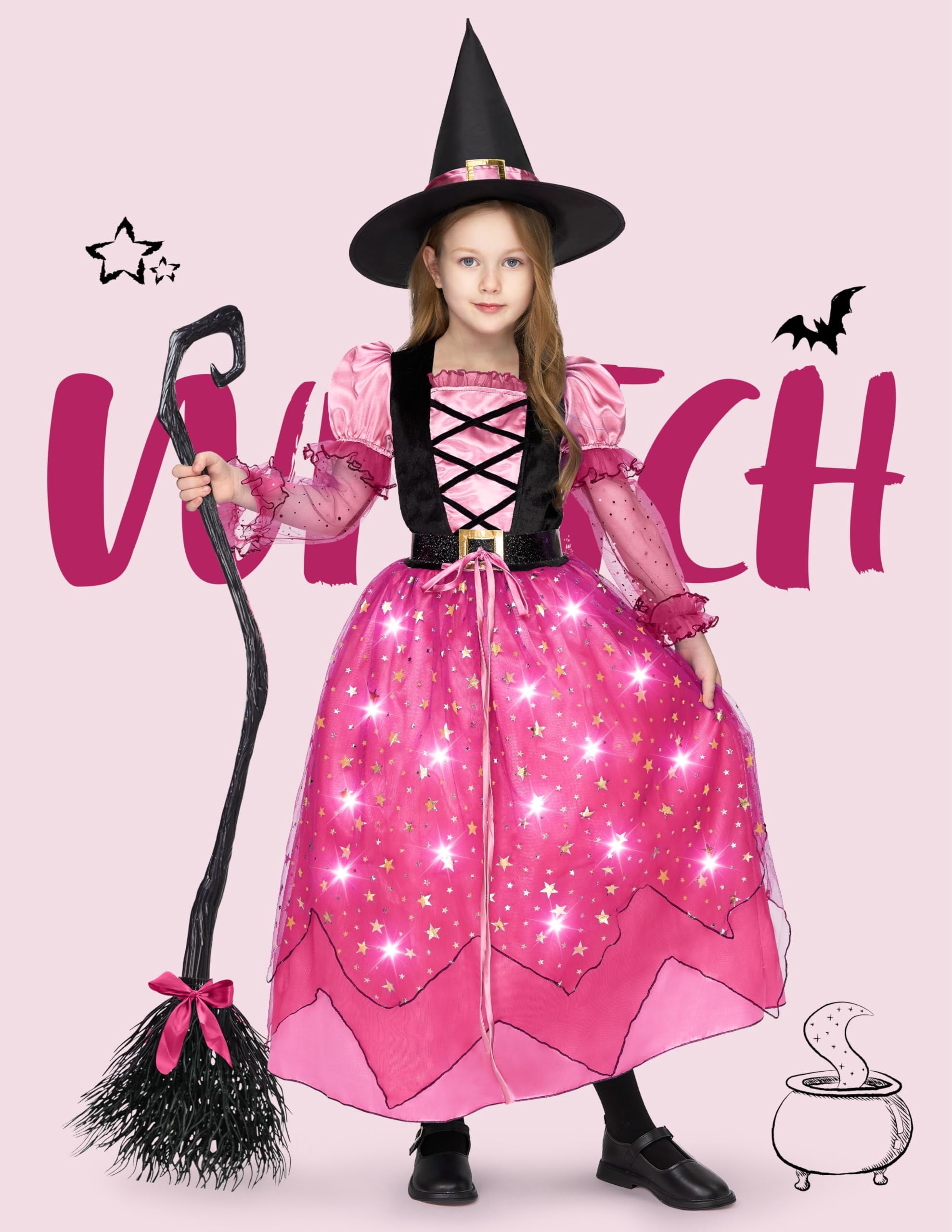 Joyfy Light Up Witch Costume Set for Girls, Starry Witch Dress with Broom Belt Hat for Kids and Toddlers, Perfect for Halloween Party Dress-Up Cosplay (5-12 Years)