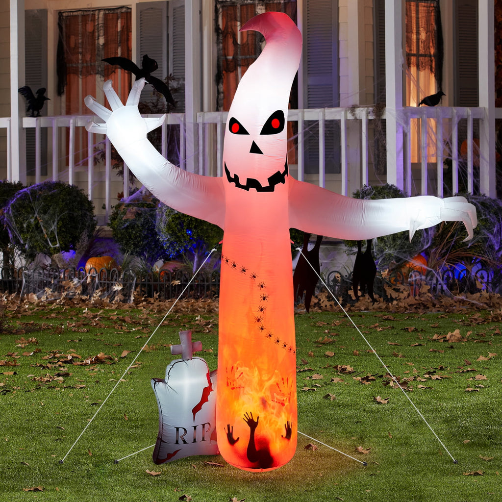 5.7FT Inflatable Halloween Inflatable Crawling Green Ghost with Tombstone Built-in LED Lights Inflatable LED Lights Blow Up Yard Decoration
