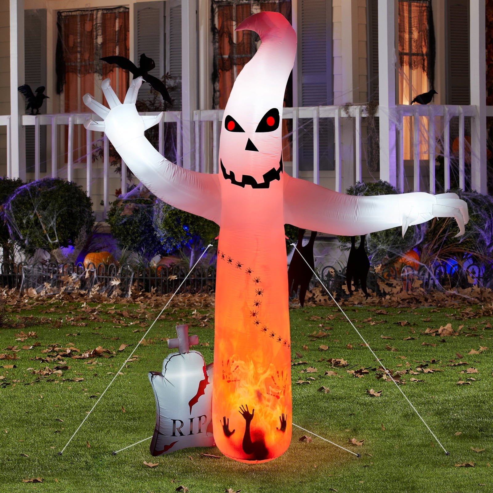 5.7FT Inflatable Halloween Inflatable Crawling Green Ghost with Tombstone Built-in LED Lights Inflatable LED Lights Blow Up Yard Decoration