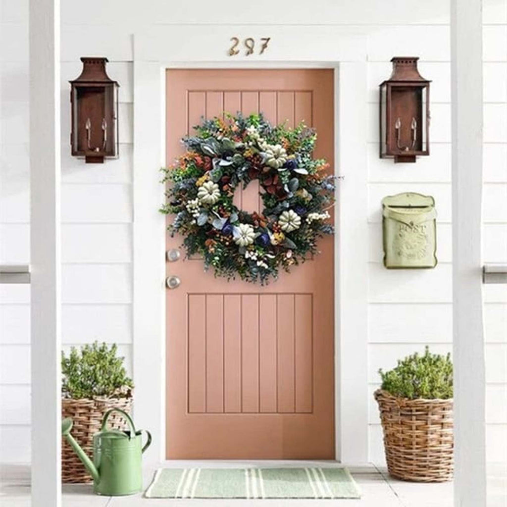 MXTPOV Halloween Decorations 19x19 inch Fall Garland White Pumpkin Berries Flowers Mixed Leaves Halloween Garland Thanksgiving Decorations Fall Wreaths for Front Door Home Decor