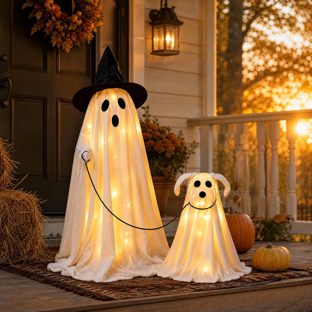 Halloween Light-Up Ghost Decorations Outdoor - 6.5 FT - 8 Sounds Gaint Hanging Swing Ghost Halloween Decoration, Spooky Cute Ghosts Decorations for Front Porch Yard Tree