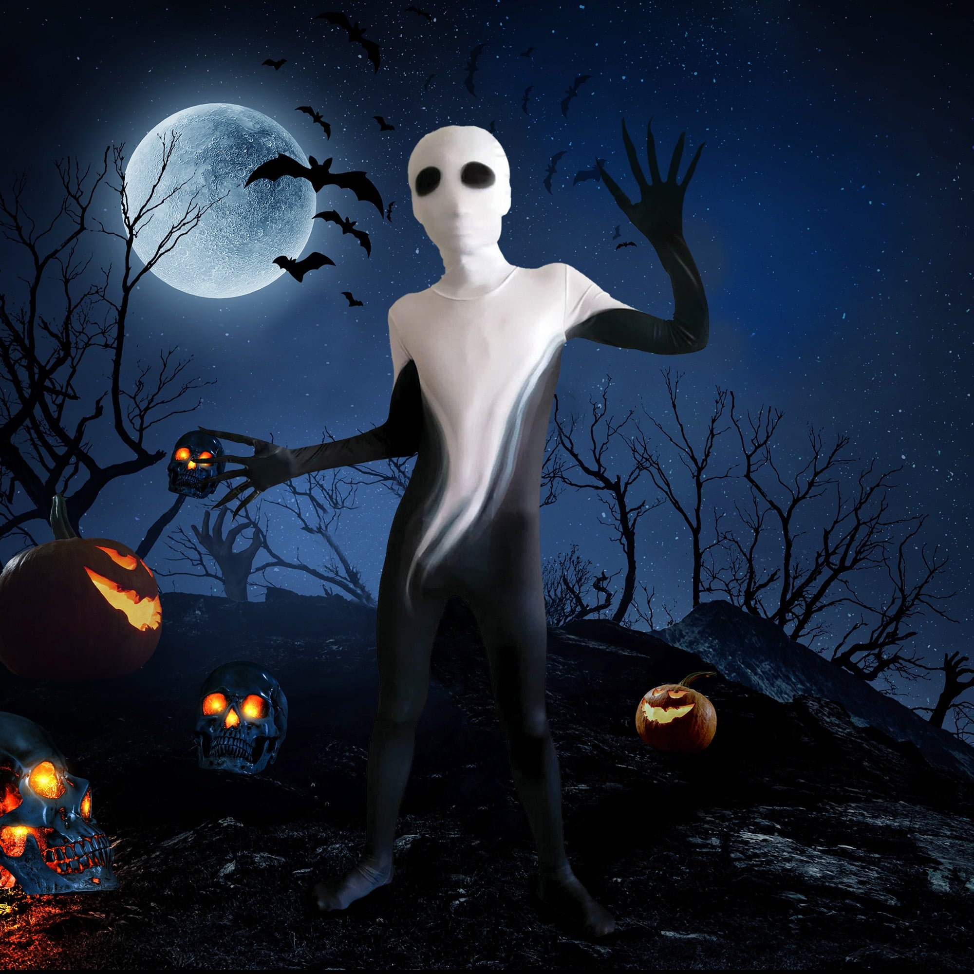 Joyfy Scary Halloween Costume for Kids, Slenderman Skin Bodysuit Skinsuit for Boys Girls Halloween Dress up Party Age up to 12 Years