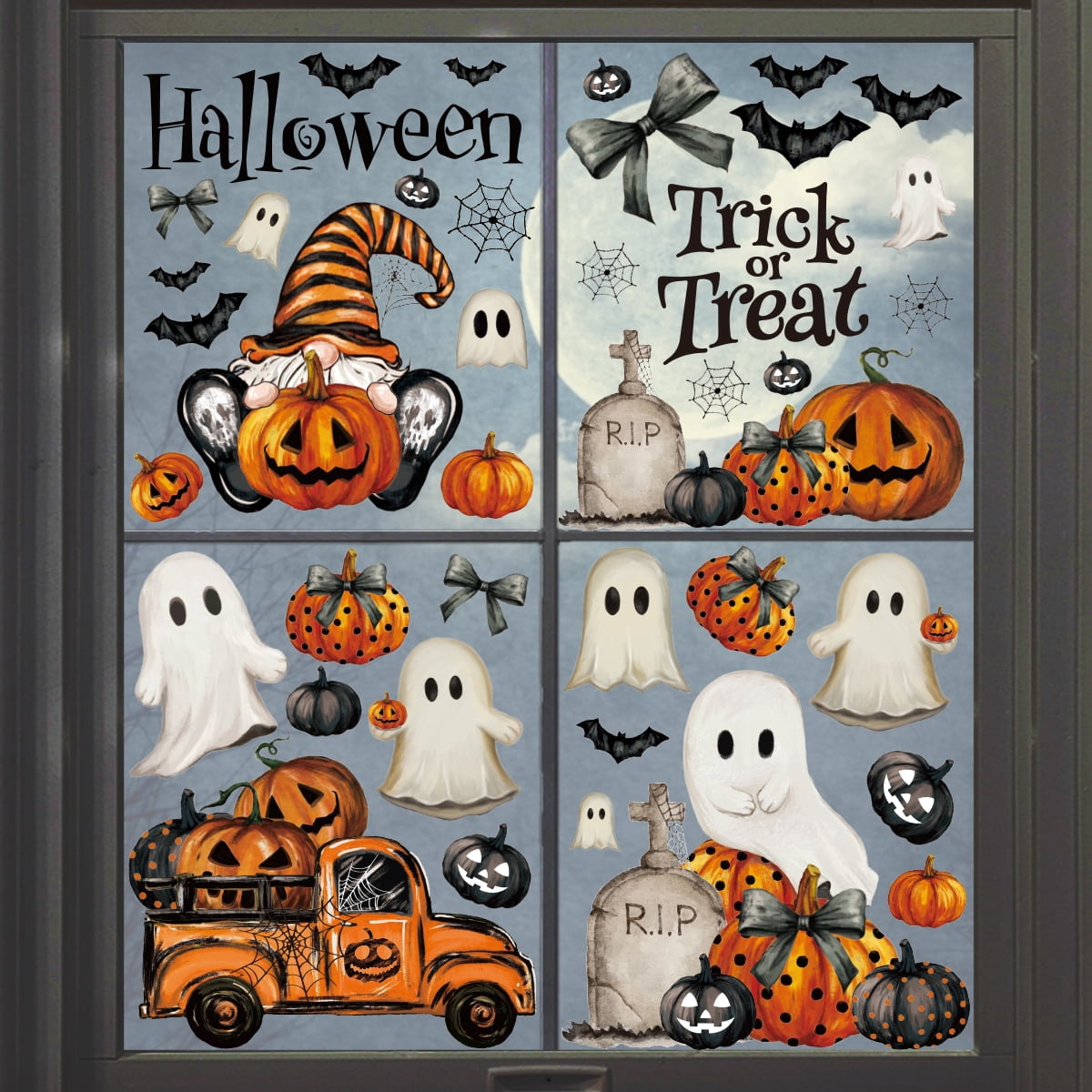 Smile 100 PCS Halloween Window Cling Sticker, Goost Trick or Treat Pumpkin Truck Gnome for Home Party Supplies Shop Window Glass Display Decoration
