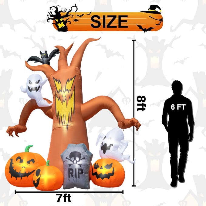 Coolmade 8 ft Halloween Inflatable Dead Tree, Blow‑Up Yard Decor with Built‑in LED Lights, Pumpkin Ghost Tombstone Bat for Lawn Garden Party