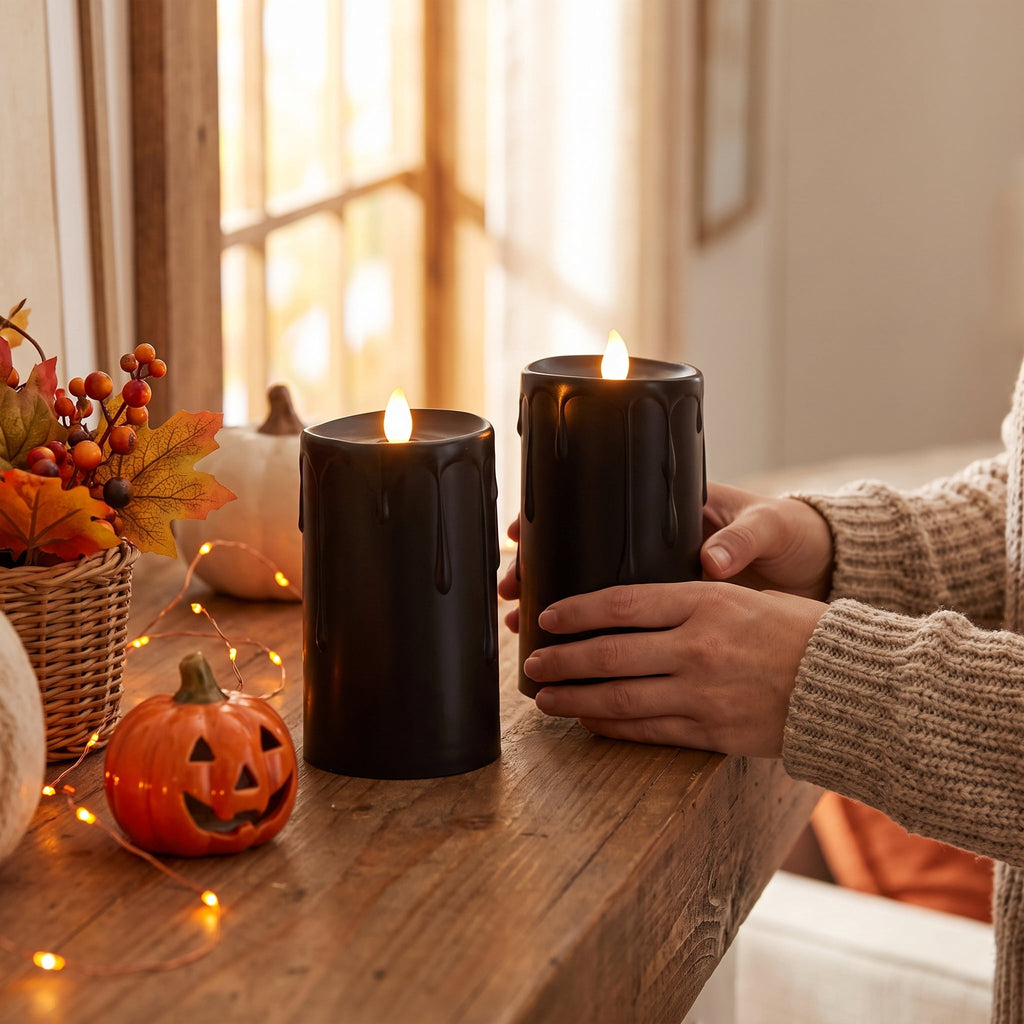 Battery-Operated Warm White LED Flameless Candles, Black, 5.5", 2 Count, Halloween by Way To Celebrate