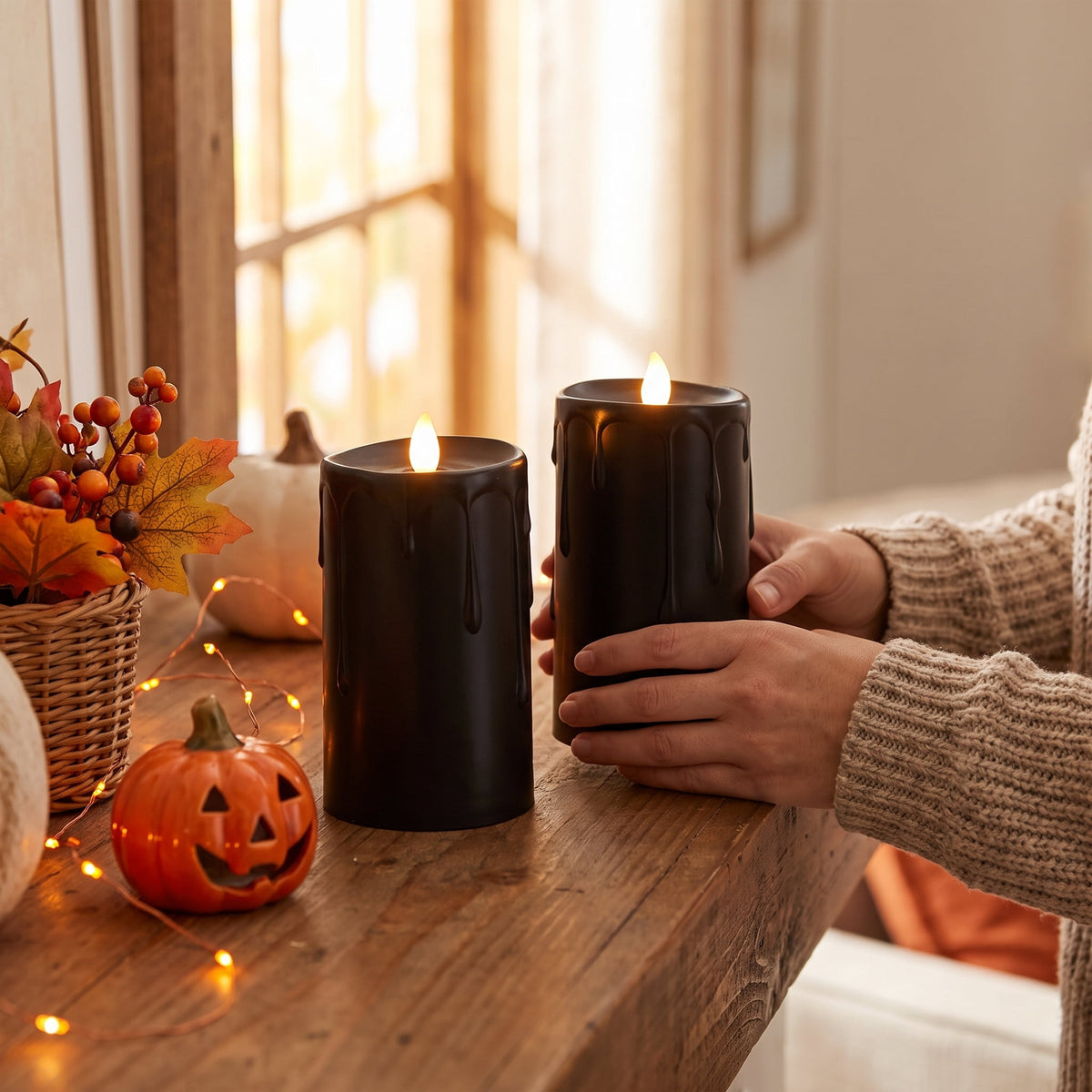 Battery-Operated Warm White LED Flameless Candles, Black, 5.5", 2 Count, Halloween by Way To Celebrate