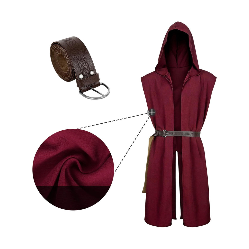 Virmaxy Halloween Costume Men's Hooded Sleeveless Tunic Costume with Belt Halloween Loose Fit Renaissance Medieval Party Cosplay Fighter Outfit Army Green