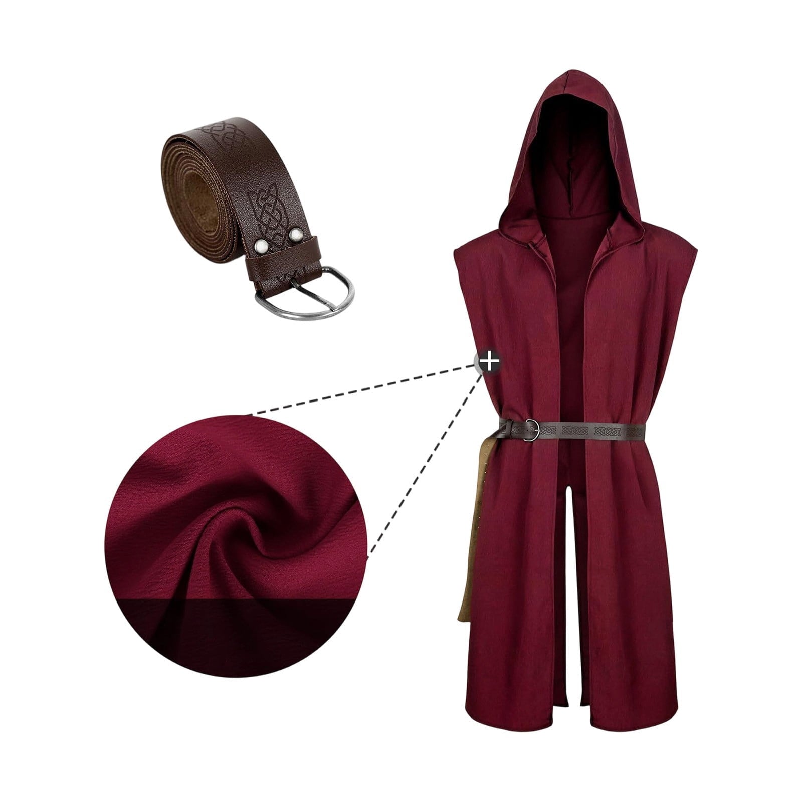 Virmaxy Halloween Costume Men's Hooded Sleeveless Tunic Costume with Belt Halloween Loose Fit Renaissance Medieval Party Cosplay Fighter Outfit Army Green
