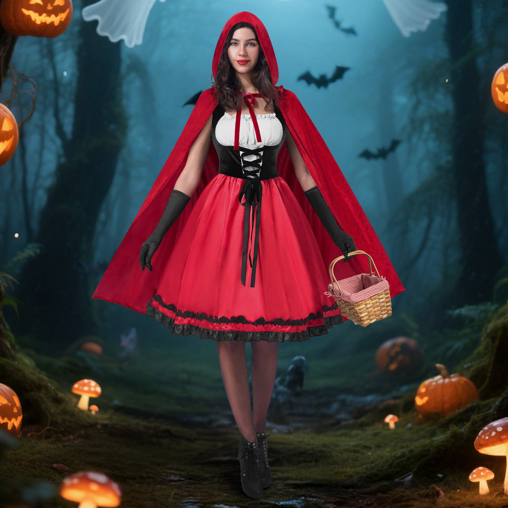 Joyfy Women Little Red Riding Hooded Costume with Dress, Cape and Gloves, Adult Women Halloween Costume for Halloween Party Cosplay