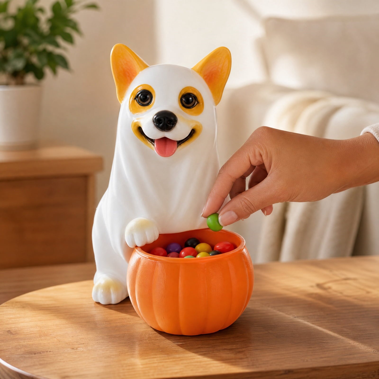 Halloween Dog Greeter - Frenchie 7.9in Resin Witch Dog with Light-Up Pumpkin, Spooky Fall Decor, Indoor Outdoor Tabletop Decoration