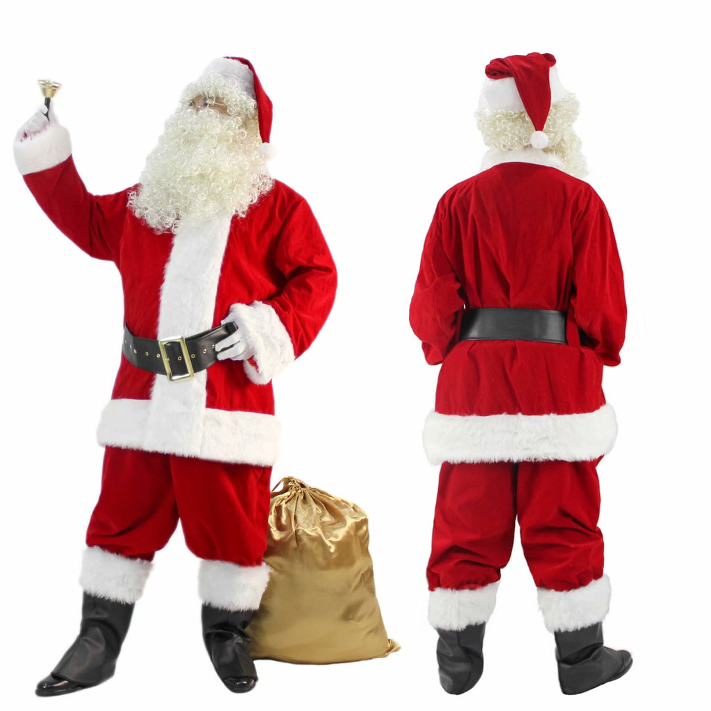 Men's Santa Claus Costume 11PCS. Christmas Velvet Adult Deluxe Santa Suit -3XL
