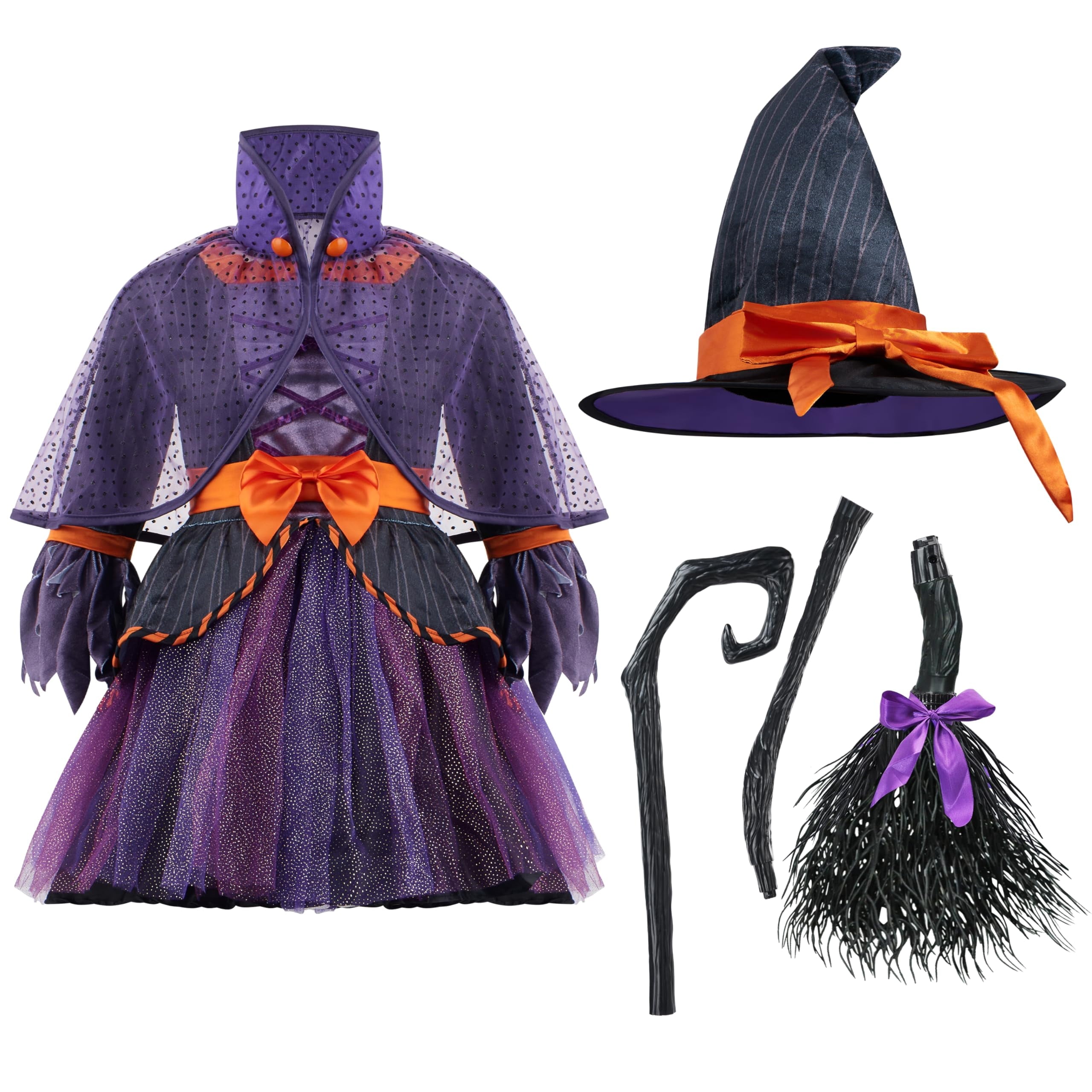 Joyfy Witch Costume for Girls, Purple Witch Dress with Broom Hat for Kids and Toddlers Halloween Dress up Parties