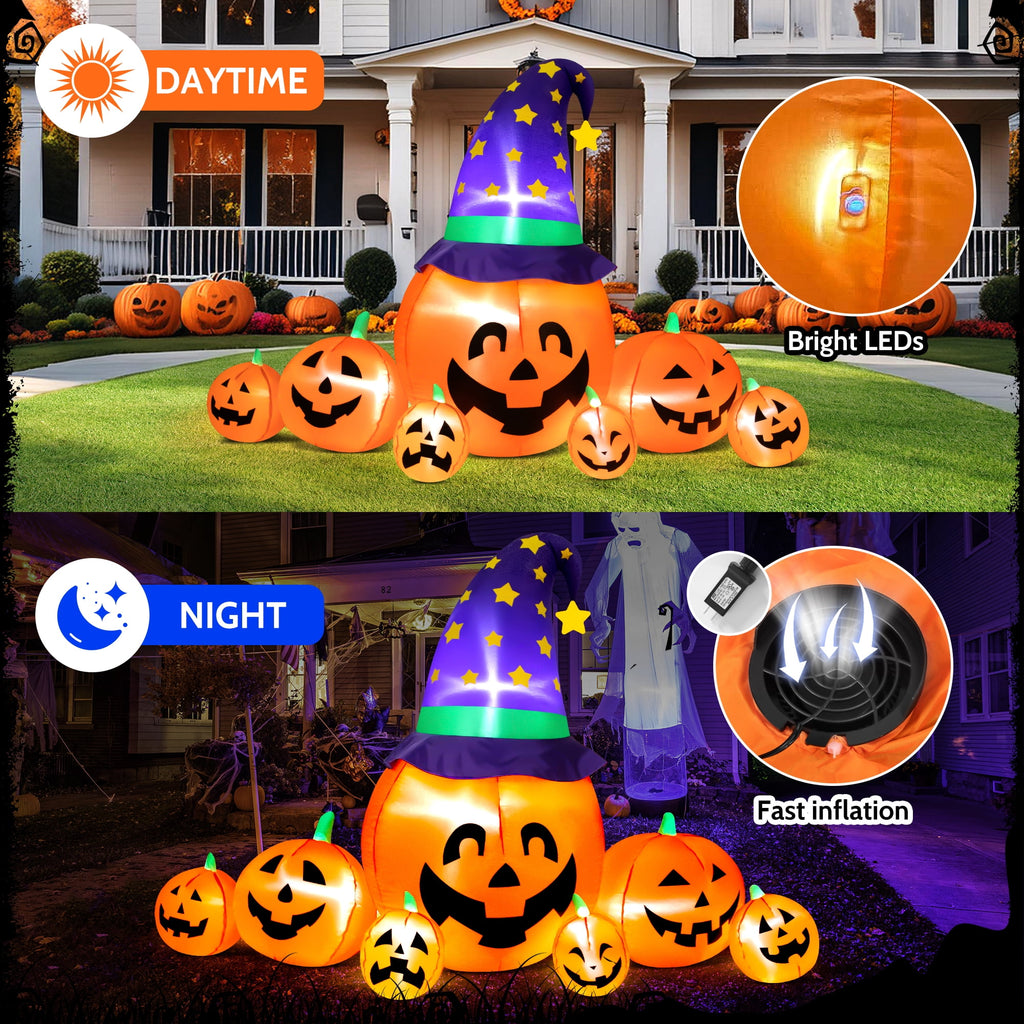 Yexmas 8.7ft Halloween Inflatables Pumpkins 7 Blow Up Decor with Witches Hat, Built-in LED Lights for Halloween Party, Yard, Garden, Lawn