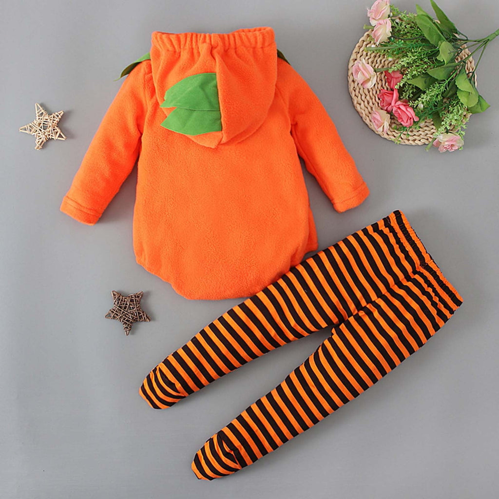 Newborn Infant Cute Jack-O-Lantern Costume Halloween Bodysuit and Striped Leggings Set Fall Holiday Fancy Dress Up Outfit for Boys Girls Party Festival