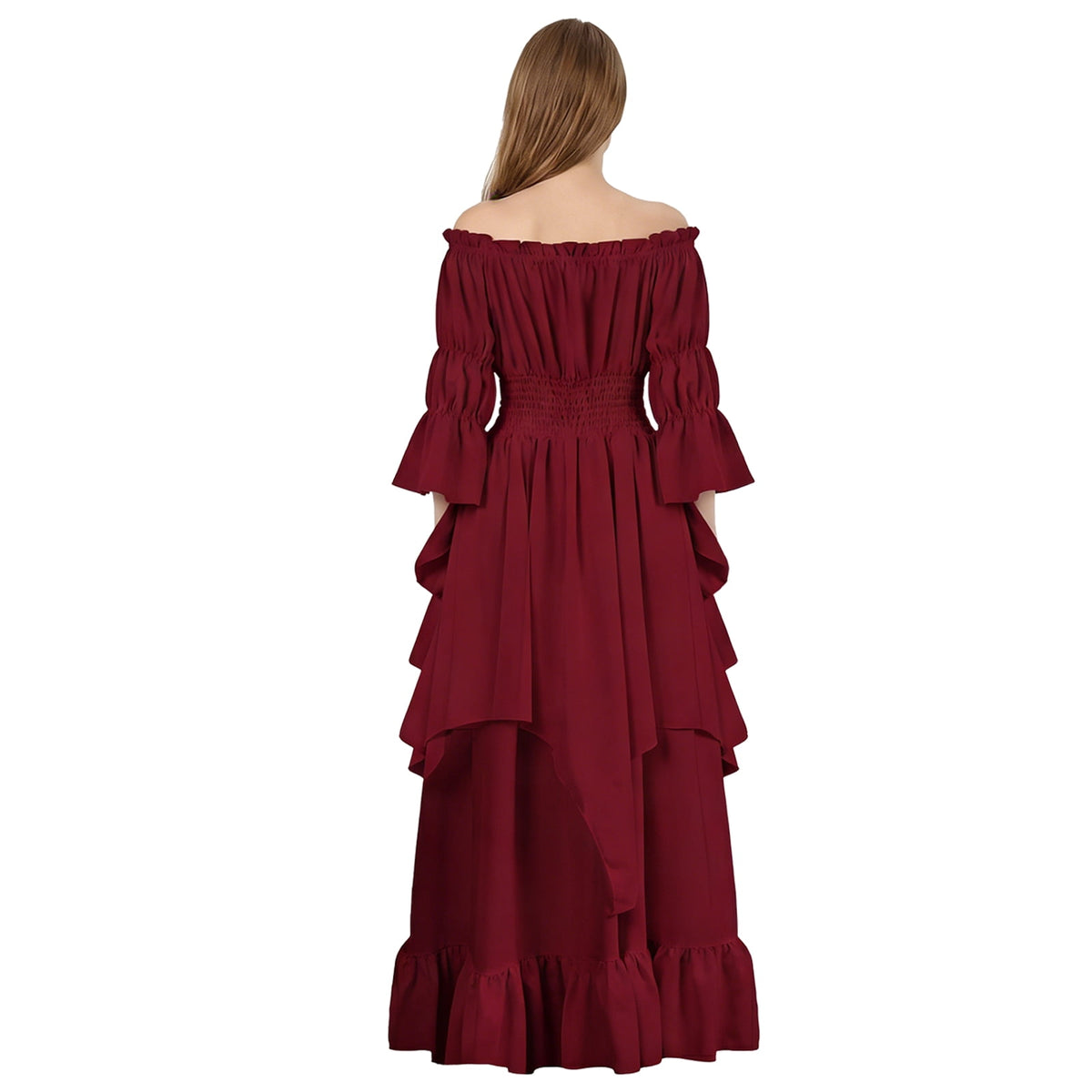 IROOZIGOTO Womens White Medieval Renaissance Maxi Dress Off Shoulder Long Flare Sleeve with Brown Lace Up Corset Belt Halloween Cosplay Costume
