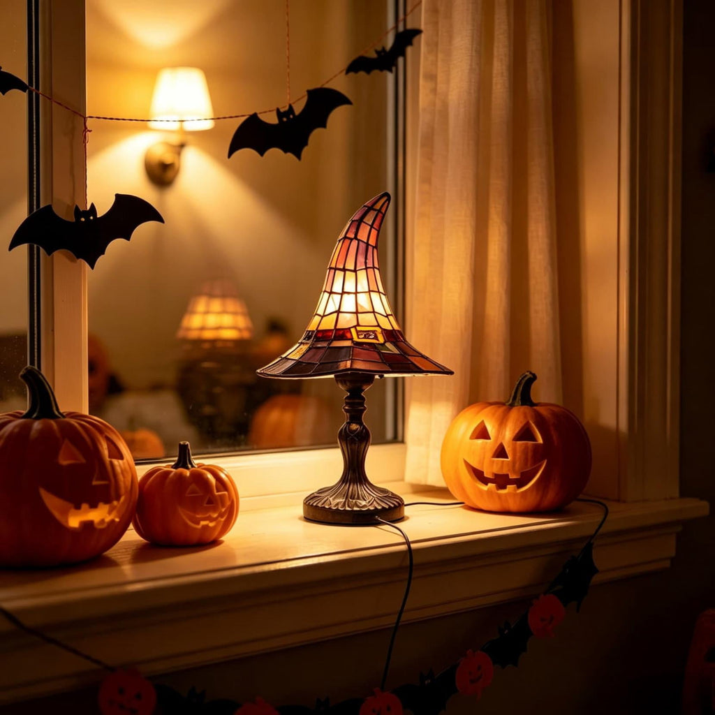 Halloween Decor Witch Hat Lamp, LED Halloween Night Light, Halloween Decorations Indoor, Witchy Decor for Shelf Mantel Table, Gothic Home Decoration