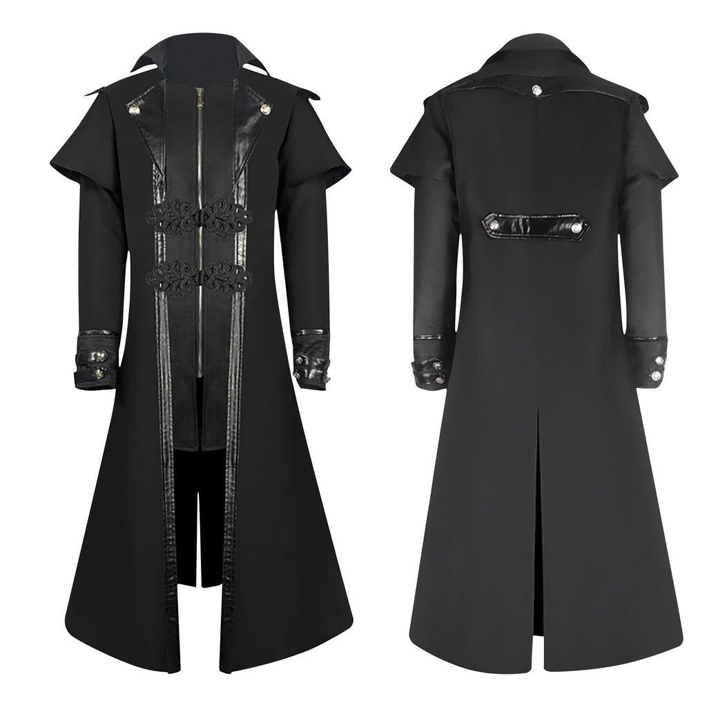 WREESH Mens Steampunk Long Trench Coat Gothic Vintage Tailcoat Jacket Lapel Zip Up Overcoat Leather Deco Lace Up Frock Coat Black