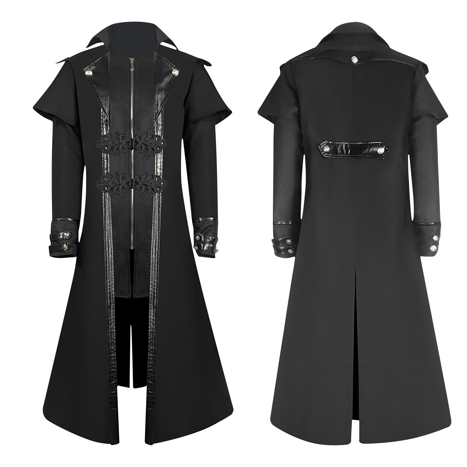 WREESH Mens Steampunk Long Trench Coat Gothic Vintage Tailcoat Jacket Lapel Zip Up Overcoat Leather Deco Lace Up Frock Coat Black