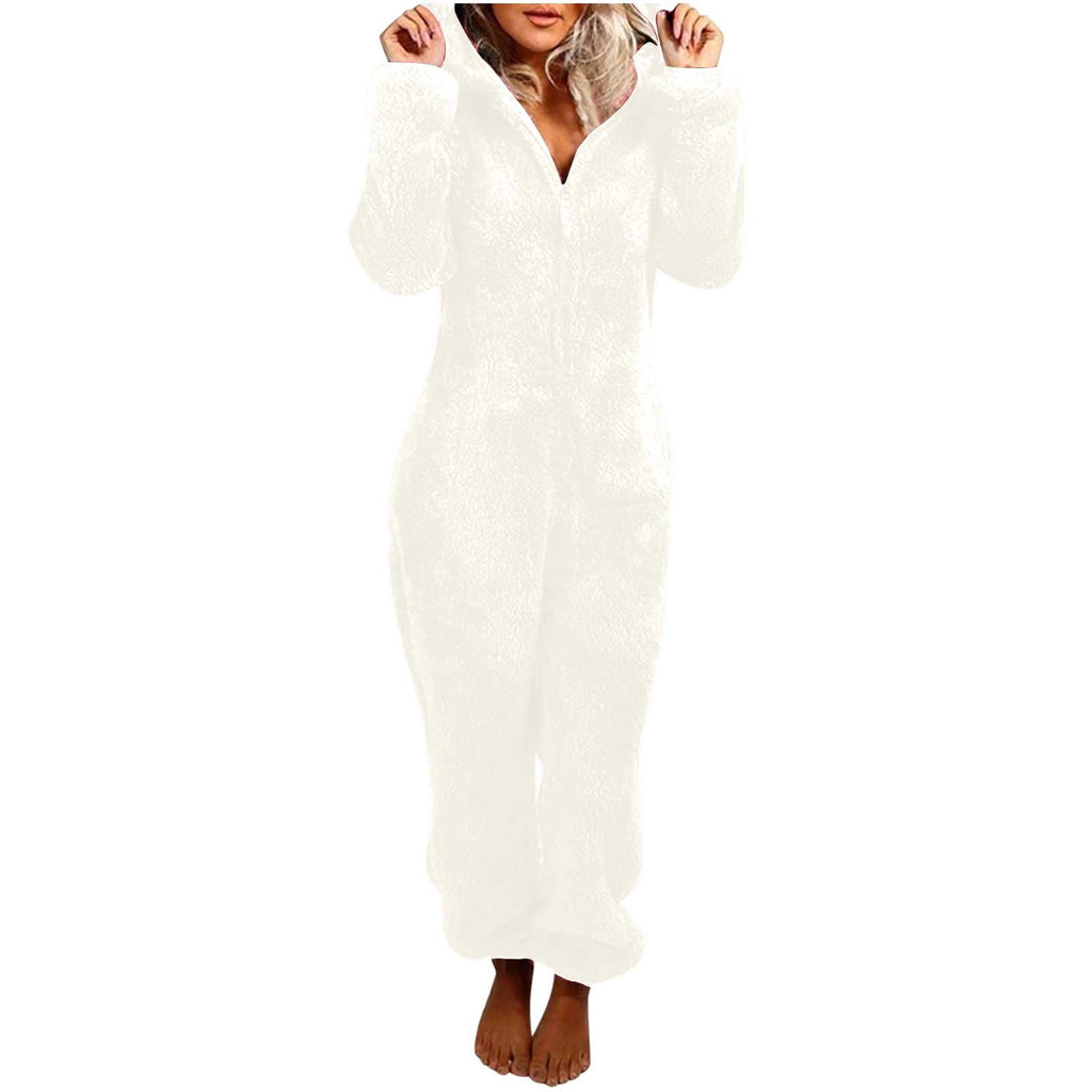 QATAINLAV Sherpa Fleece Jumpsuit for Women Winter Warm Fuzzy Onesie Pajamas Cute Cat Hooded Romper Casual Zip Up Overalls Sleepwear Black XL