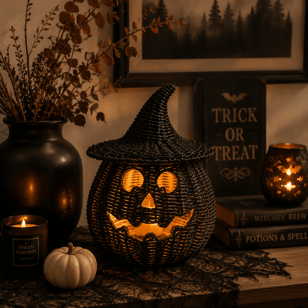 Aximioll Black Wicker Jack-O-Lantern Pumpkin 11.8In, Woven Rattan Halloween Pumpkin with Witch Hat, Cutout Face Tabletop Decor for Porch Entryway Mantel, Black