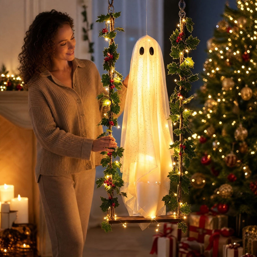 Clearance! Lighted Swing Ghost with Wooden Board, 45" Halloween Decorations Outdoor, Spooky Cute Ghosts Decorations for Front Porch Yard Tree