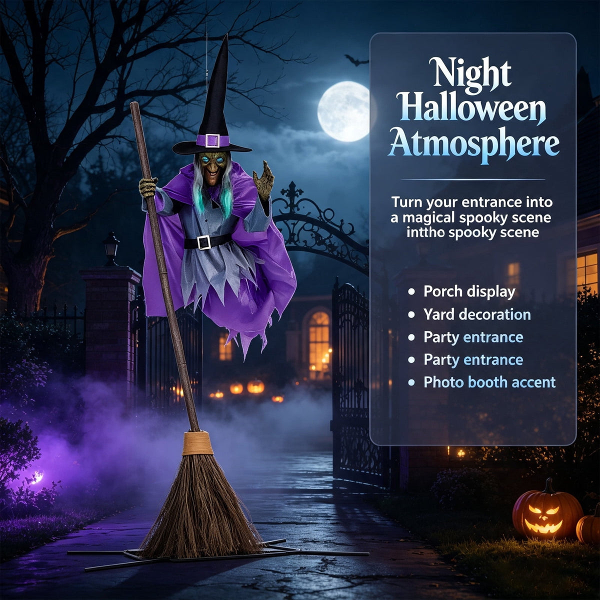 Halloween Flying Witch on Broom Decorations, 6 FT Animated Hovering Witch Animatronics Holding Sweeper Props with Scary Sounds and Lights, House Decor for Outside Indoor Garden Yard Lawn