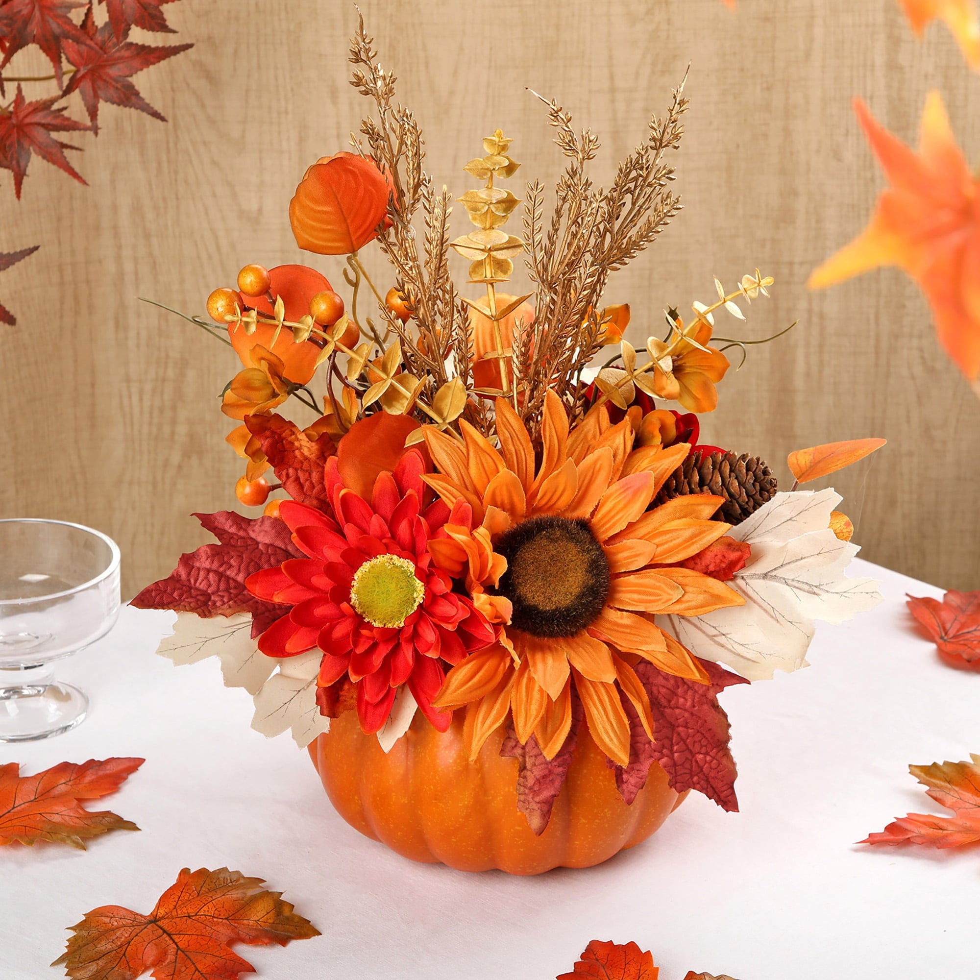 Briful 12.9"Artificial Pumpkin Floral Arrangement with Orange Sunflowers Leaves Fall Table Centerpiece for Harvest Autumn Décor