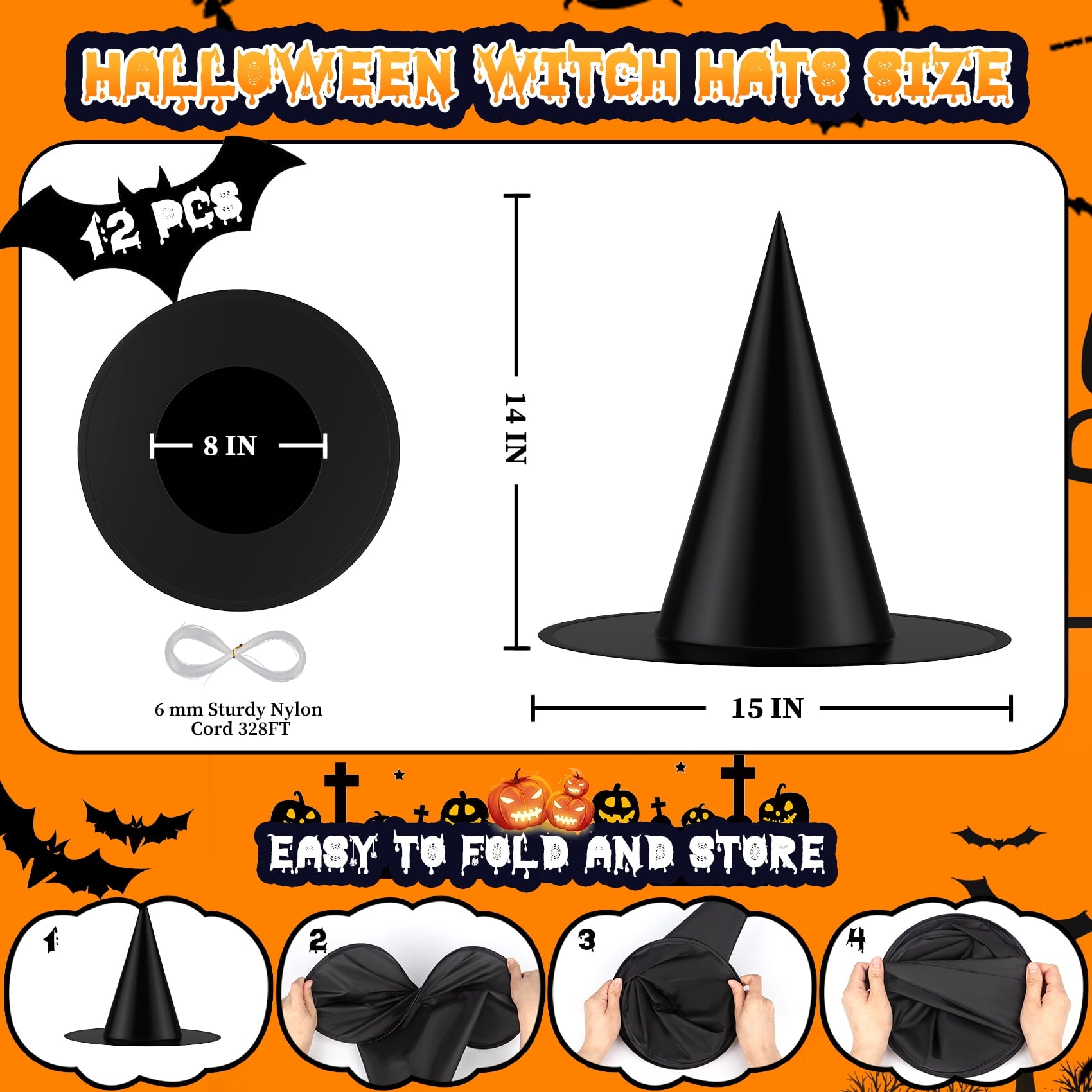 HiberyHom Halloween Witch Hats, 12 Pcs 15 inch Black Witch Hats with 328 ft Rope Hanging Halloween Decorations for Porch Yard Party